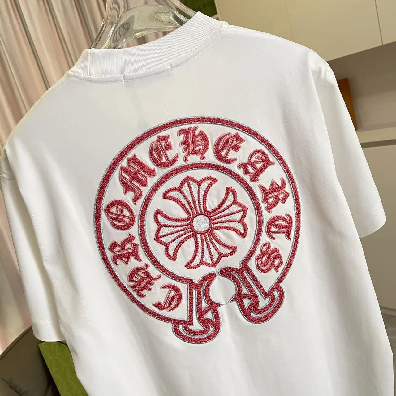 🅿️200 ch Cro* 2025 summer new style Sanskrit horseshoe cross cross vacuum embroidery short-sleeved t-shirt customized fabric 300g same style for men and women Size: S M L XL XXL Five codes Color: black white
